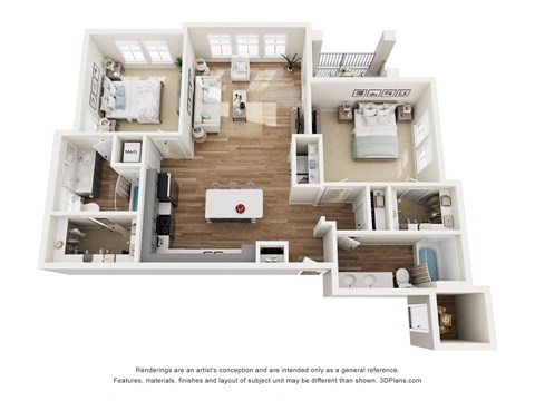 Floor plan for 2 beds, 2 baths, 1219 sqft